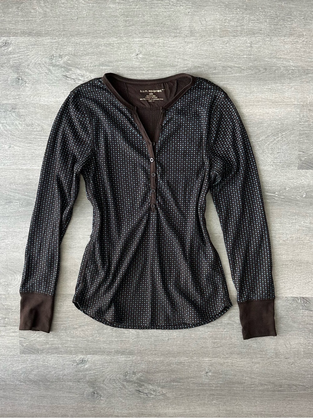 Y2K B.U.M Equipment Long-Sleeve Henley with Tiny Dot Print Brown and Teal